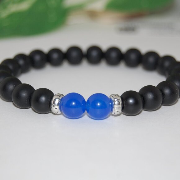Onyx Bracelet,Black Onyx Stone Bracelet,Blue Agate,Black and Blue Bracelet,Men - Picture 1 of 2